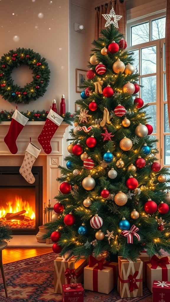 A cozy Christmas living room with a decorated tree and snowflakes outside.